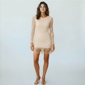 Revolve Majorelle Women's Filaree Ivory Nude Fringe Mini Dress Size Medi…